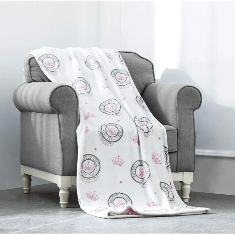 Juicy Couture Emblem Plush Throw Blanket 50”x70” Pink & Gray EC